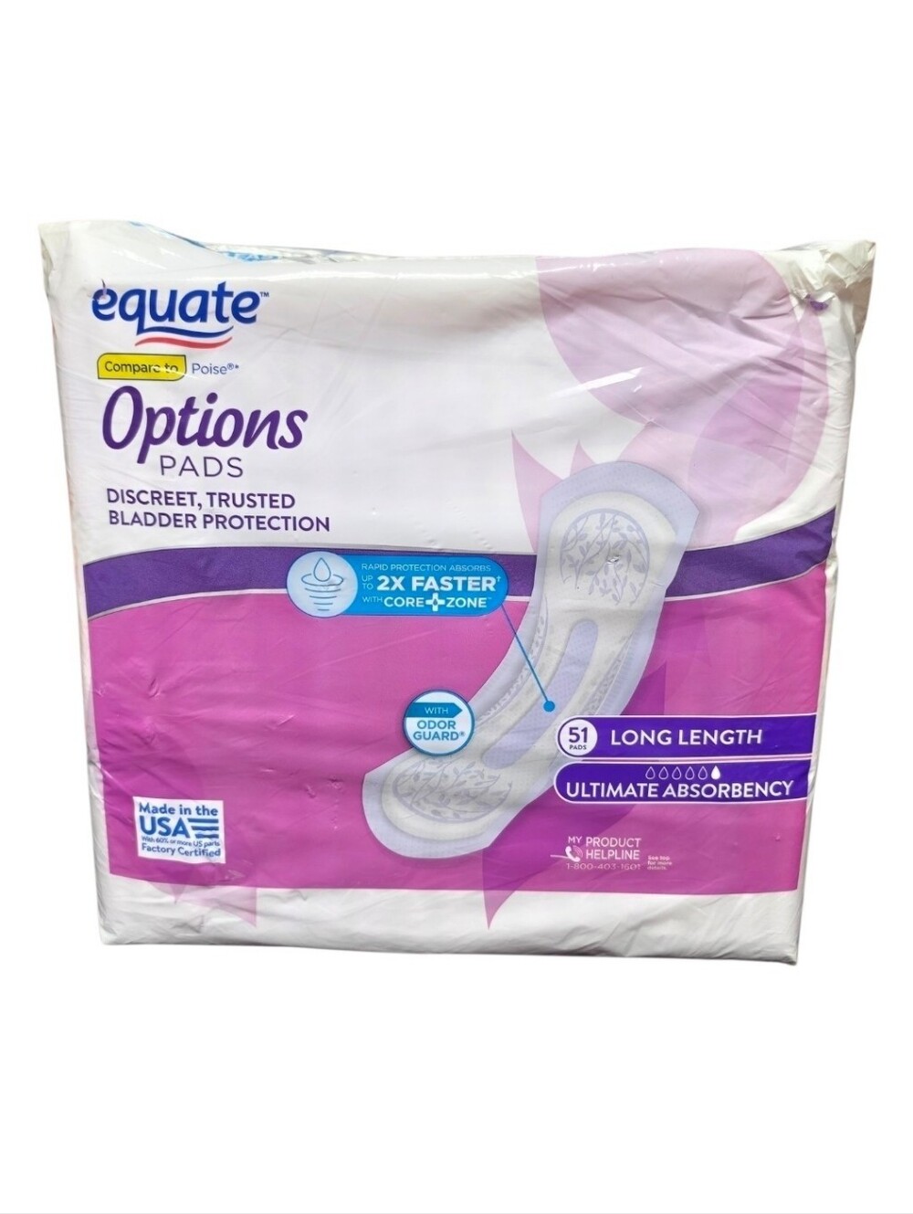 Equate Options Womens Incontinence Pads Ultimate Absorbency Long Length 51 Count